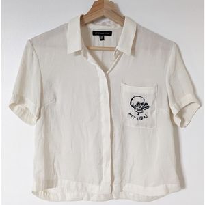 White Button-Up T-Shirt with Skull